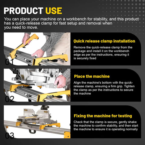 Installation process for 2 Pack Miter Saw Mounting Brackets For DW723 DWX723 DWX724 DWX725 Benchtop Saws with quick-release clamp.