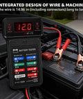Heavy Duty 12V Automotive Battery Tester Featuring Slick Digital Readouts And Straight Shooter Diagnostics showing LED display and clamp connections.