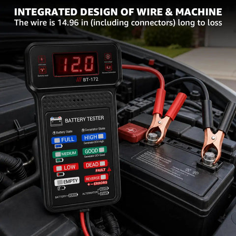 Heavy Duty 12V Automotive Battery Tester Featuring Slick Digital Readouts And Straight Shooter Diagnostics showing LED display and clamp connections.