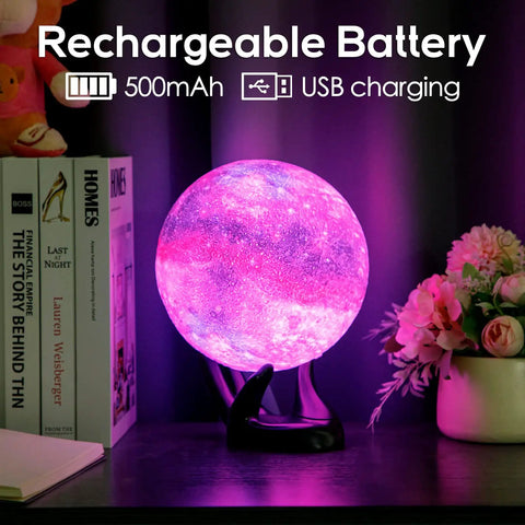 7.1 Inch Galaxy Moon Lamp 3D Printed Moon With NASA Imagery, 16 Color Changes, USB Rechargeable on black hand base
