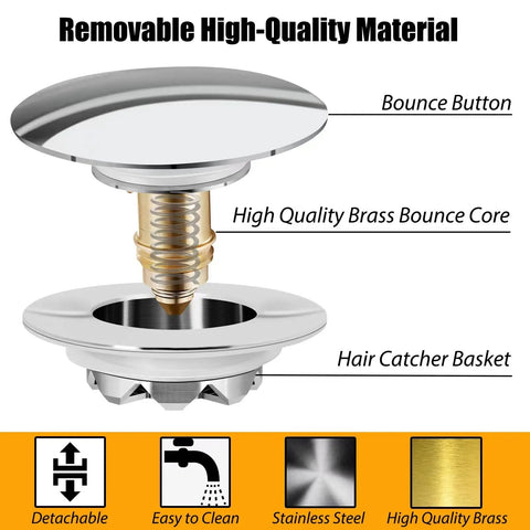 Upgraded Bathtub Drain Stopper With Hair Catcher Pop Up Tub Strainer Cover Quick Swap Install shows chrome finish and brass core.