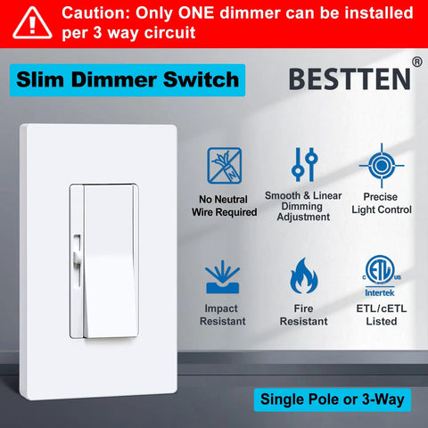 3 Pack White Slide Dimmer Light Switch Single Pole Or 3 Way Layout Smooth As Butter Compatible With Led Cfl And Incandescent Bulbs Easy Peasy Installation For Your House Wiring No Sweat Upgrade, showing a slim dimmer switch with features.