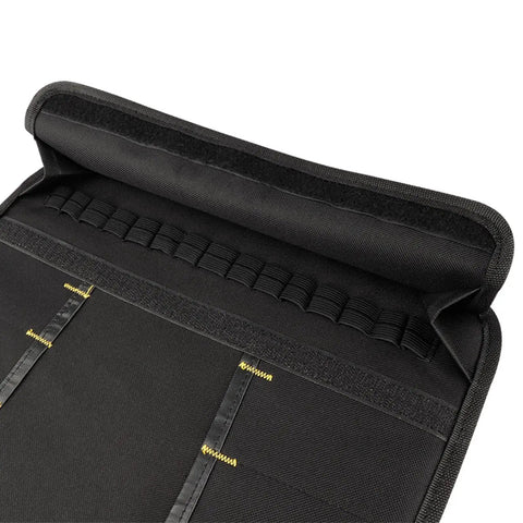 Interior view of Portable Canvas Knife Roll Bag For Chef Knives And Cutlery showing organized slots in heavy-duty Oxford fabric.