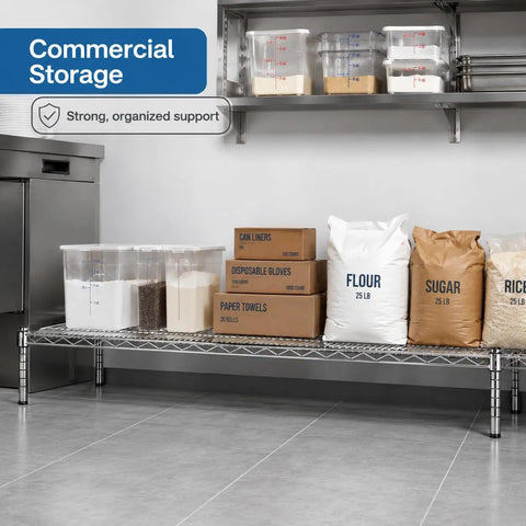 Must Have Heavy Duty Chrome Wire Storage Stand 14 By 54 By 14 Inches NSF Commercial Raised Shelving Unit, loaded with foodservice supplies