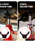 Front view of black steel bottle jack adapter with two adapters mounted on a red bottle jack

Side view of black steel bottle jack adapter with 3-inch square tube adapter installed on a red bottle jack