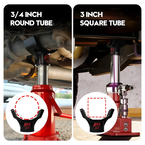 Front view of black steel bottle jack adapter with two adapters mounted on a red bottle jack

Side view of black steel bottle jack adapter with 3-inch square tube adapter installed on a red bottle jack