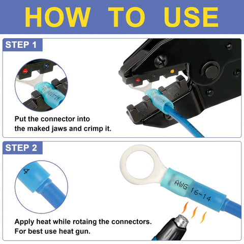 Instructions for using Heat Shrink Crimping Tool Kit With 280 Pieces Marine Grade Heat Shrink Connectors AWG 22 To 10 And Wire Stripper HS 8327 Crimper For Easy Marine Wiring.