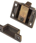 Top Shelf Antique Brass Cabinet Door Latch With Classic Oval Turn Spring Loaded Cupboard Hardware, 1 3/4 inch latch for cabinets.