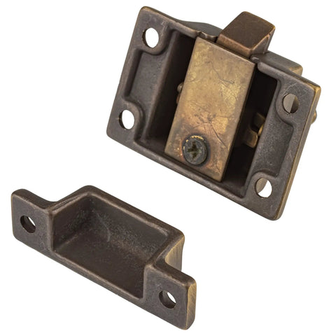 Top Shelf Antique Brass Cabinet Door Latch With Classic Oval Turn Spring Loaded Cupboard Hardware, 1 3/4 inch latch for cabinets.