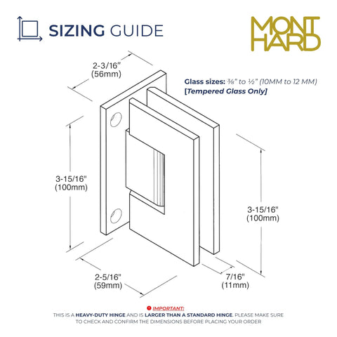 Sizing guide illustration for Heavy Duty Glass Shower Door Hinge With Full Back Plate Polished Chrome Finish.