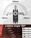Beefy 45Kg Coreless Servo display with 180 degree control angle, 25T servo horn, torque specifications, and gear diagram for RC cars and boats