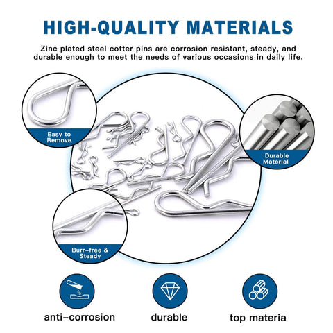 Premium Cotter Pin Kit With 150 Piece Hairpin R Clips Set In 6 Sizes Zinc Plated Spring Steel Retaining Pins assorted layout