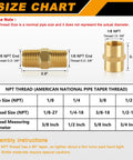 Brass Pipe Fittings Set Twelve Pieces Hex Nipple And Coupling NPT One Eighth Inch Male And Female Threads For Plumbing DIY Friendly Easy Install Durable Seal Quick Connect Hardware Kit size chart for 1/8 NPT brass fittings