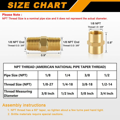 Brass Pipe Fittings Set Twelve Pieces Hex Nipple And Coupling NPT One Eighth Inch Male And Female Threads For Plumbing DIY Friendly Easy Install Durable Seal Quick Connect Hardware Kit size chart for 1/8 NPT brass fittings