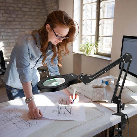 Woman using Go-To Desk Magnifier Lamp With Clamp Stand 10X-5X HD Loupe Hands Free Light for crafting and reading fine print