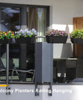 Heavy Duty Black Balcony Rail Planters 16.9 Inch Deck Flower Boxes with colorful flowers on railing.