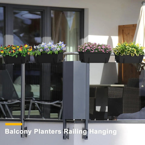 Heavy Duty Black Balcony Rail Planters 16.9 Inch Deck Flower Boxes with colorful flowers on railing.