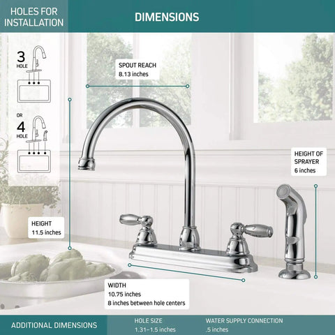Two Handle Kitchen Sink Faucet With Side Sprayer Chrome Finish For 8 Inch 4 Hole Install 360 Degree Swivel No Fuss Install Durable Metal Build And Lifetime Warranty Upgrade For Your Kitchen shown with dimensions and installation holes.
