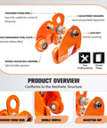 Beefy Heavy Duty 0.5 Ton Beam Trolley With Four Wheels Manual Push For I Beams Dual Track Rollers 1100 Lb Capacity Works With Chain Hoists And Lifting Equipment, orange steel frame with adjustment washers and fixing ring visible
