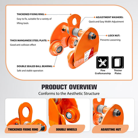 Beefy Heavy Duty 0.5 Ton Beam Trolley With Four Wheels Manual Push For I Beams Dual Track Rollers 1100 Lb Capacity Works With Chain Hoists And Lifting Equipment, orange steel frame with adjustment washers and fixing ring visible