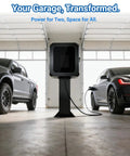 Outdoor EV Charger Enclosure With Key Lock in a garage, black steel protective box with tempered glass front, installed between two cars.