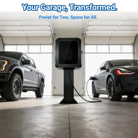 Outdoor EV Charger Enclosure With Key Lock in a garage, black steel protective box with tempered glass front, installed between two cars.