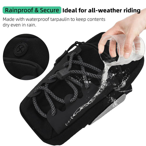 Rugged Electric Dirt Bike Front Frame Bag Built For Sur Ron Surron Ebikes With Universal Fit Holds ID Phone Keys Wallet And Garage Door Opener In Black For Quick Access On Any Trail Ride, waterproof tarpaulin close-up
