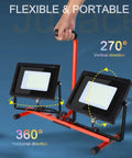 Dimmable LED Work Light 10000Lm 5000K Dual Head With Stand showing 360° horizontal rotation on blue background.