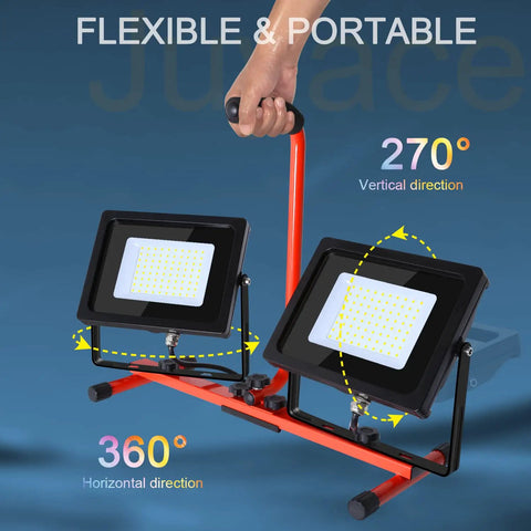 Dimmable LED Work Light 10000Lm 5000K Dual Head With Stand showing 360° horizontal rotation on blue background.