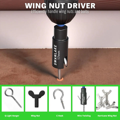 74 Piece Magnetic Nut Driver Set For Impact Drill With Metric And SAE Sockets, Quick Change Bit Extension, Magnetic Holder Power Bits, Wing Nut Driver, Universal Socket, And Impact Socket Adapter For Heavy Duty Pros displayed with wing nut driver in use