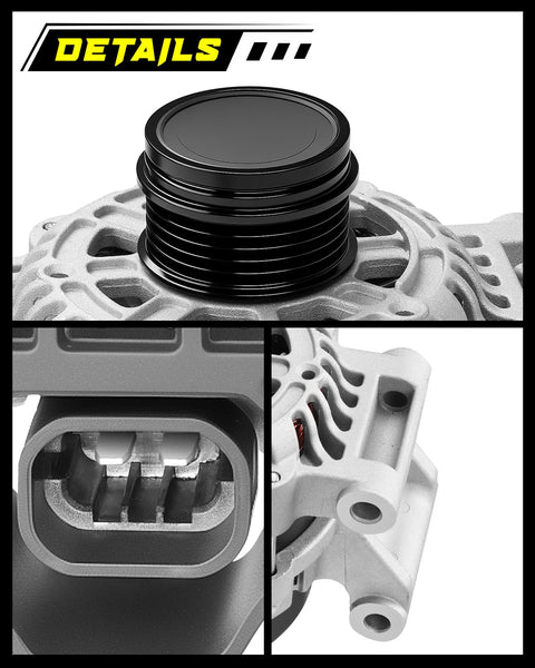 Close-up views of the upgraded alternator for Chevy Spark 2016-2022, showing the 5 groove pulley and mounting components.