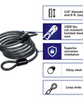 Beefy Heavy Duty Flexible Steel Loop Cable With Vinyl Coated Wrap For Corrosion Protection Six Feet Long Quarter Inch Diameter