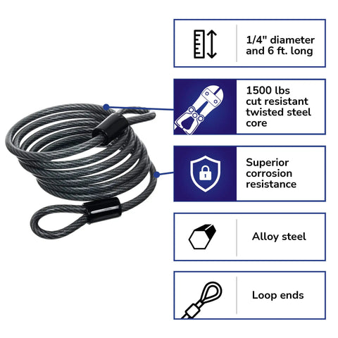 Beefy Heavy Duty Flexible Steel Loop Cable With Vinyl Coated Wrap For Corrosion Protection Six Feet Long Quarter Inch Diameter