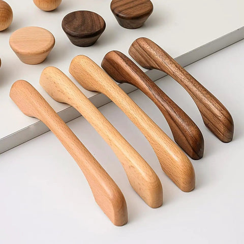 Six Piece Walnut Wood Drawer Pulls Ergonomic Cupboard Handles For Kitchen Cabinets And Dressers Minimalist Solid Wood Hardware Easy DIY Replacement For Wardrobes
