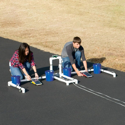 Ray Catcher Solar Vehicle Kit for STEM Projects, Sun Powered Car Build for Kids 12 and Up, DIY Sustainable Energy Race Kit, Lightweight Weather Resistant Solar Panel Setup for Junior Solar Sprint Race Ready, two students assembling solar cars