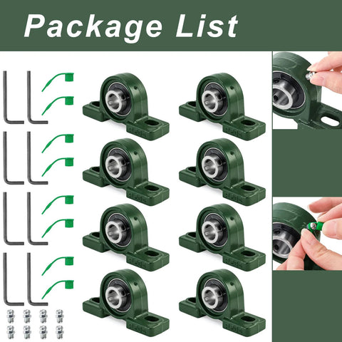 Eight green UCP204-12 pillow block bearings with 3/4 in bore in cast iron housings; includes Allen wrenches and mounting screws