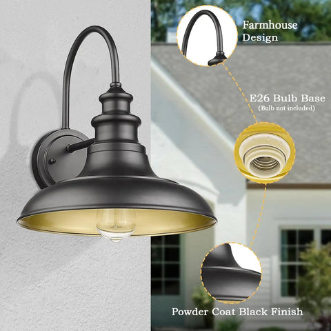 Outdoor Barn Light Fixtures 12.3 Inch Large Dome Farmhouse Wall Mount Sconces Exterior Lighting Lantern Lamps in black with gold interior, showing farmhouse design and E26 bulb base.
