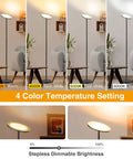 Bright LED Floor Lamp 30W 3000LM Torchiere Standing Lamp with dimmable brightness and four color temperatures shown: warm, warm white, cool white, daylight white. Includes remote and touch control.