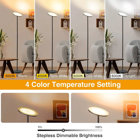 Bright LED Floor Lamp 30W 3000LM Torchiere Standing Lamp with dimmable brightness and four color temperatures shown: warm, warm white, cool white, daylight white. Includes remote and touch control.