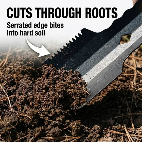 Close-up of Ultralight Backpacking Trowel Shovel For Hiking And Camping, serrated edge cutting through soil, focus on blade.