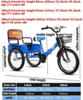 Foldable Three Wheel Tricycle With Rear Cabin For Passengers size chart showing trike dimensions for different age ranges.