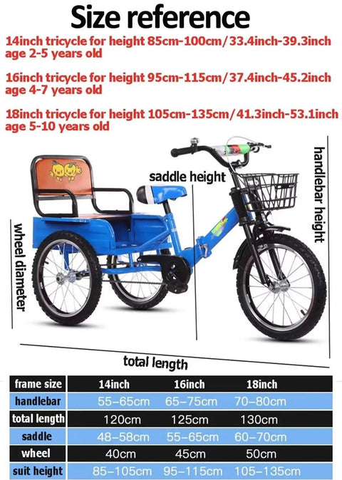 Foldable Three Wheel Tricycle With Rear Cabin For Passengers size chart showing trike dimensions for different age ranges.