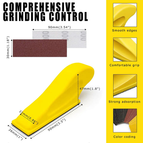 Cool 240 Pack Sand Paper Kit With 12 Grits From 80 To 2000 And Mini Finger Sander showing yellow sander tool with abrasive sheets.