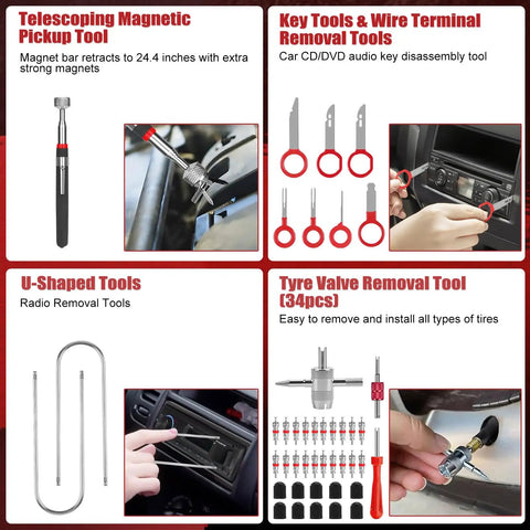 132 Piece Car Tool Kit With Drawer Portable Auto Repair Set includes magnetic pickup tool, wire removal, and valve tools