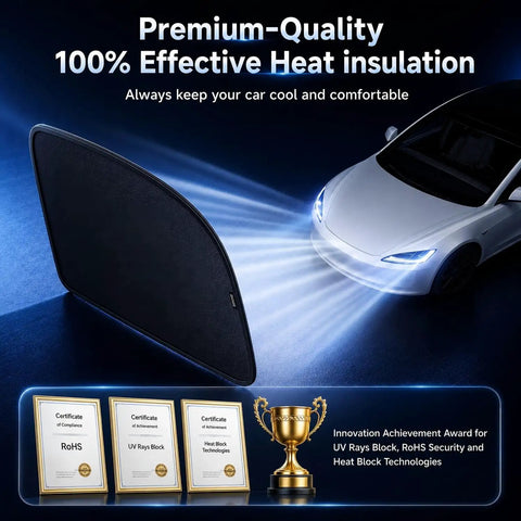 Baby Car Window Shades With UV Block And 99 Percent Sun Protection displayed next to car with certificates