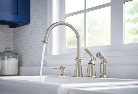 Top Shelf High Arc Kitchen Faucet With Spot Resist Stainless Finish and Smooth One Handle Design, displaying water flow.