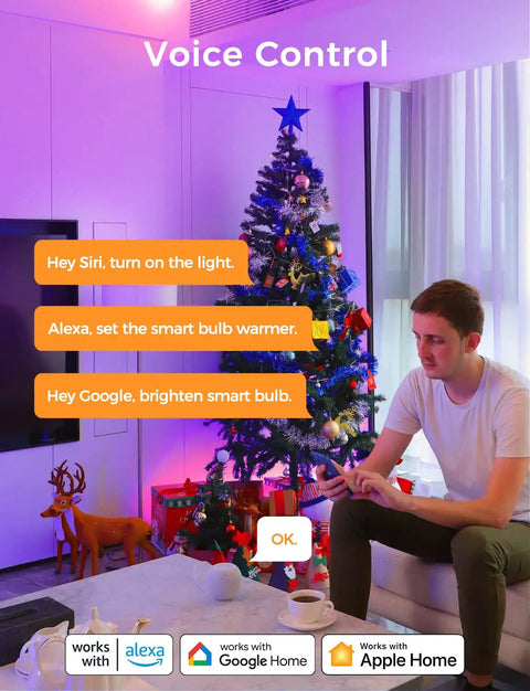 Person using phone to control Smart LED Bulbs 2 Pack Works With Apple HomeKit Siri Alexa Google Assistant RGBWW Color Changing