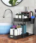 Under Sink Organizer No Brainer With Pull Out Drawer Two Tier Cabinet Storage displaying bathroom supplies on counter