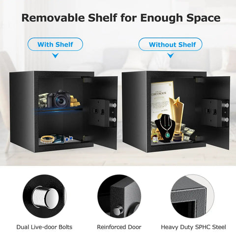 Boss Level Home Safe Box With Digital Keypad Lock 1.2 Cubic Feet Large Document Safe showing removable shelf options.