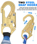 Two steel snap hooks of 50 Ft Vertical Lifeline System With Dual Rope Grab Hooks and Shock Absorber, Heavy Duty Pro Grade Fall Protection Rope For Roofing Safety, Climbing Kit, Durable Braided Line, CE And ANSI Certified shown measured on scale with text description highlighting connection security with safety gear.